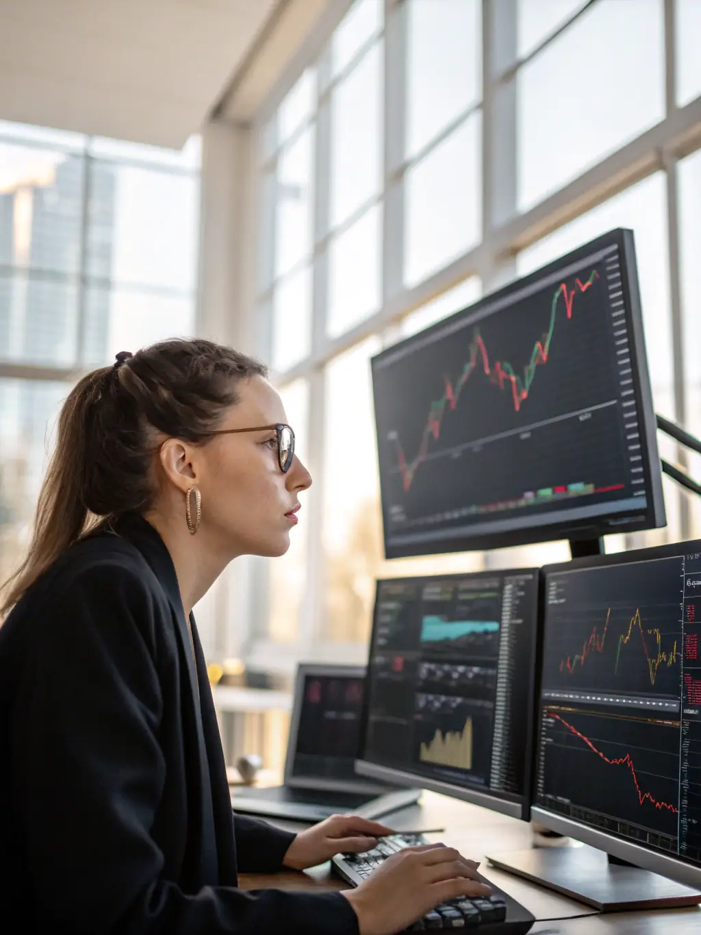 A young millennial woman confidently analyzing stock market data on her laptop at a modern home office, showcasing her active participation in stock investments.