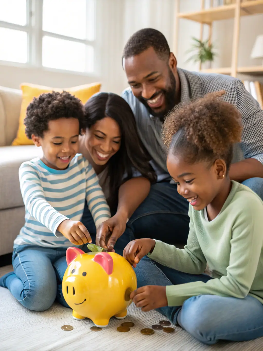 A millennial couple happily putting coins into a piggy bank, with a vision board of their financial goals in the background, in a bright and cheerful home. The scene should emphasize the importance of saving.