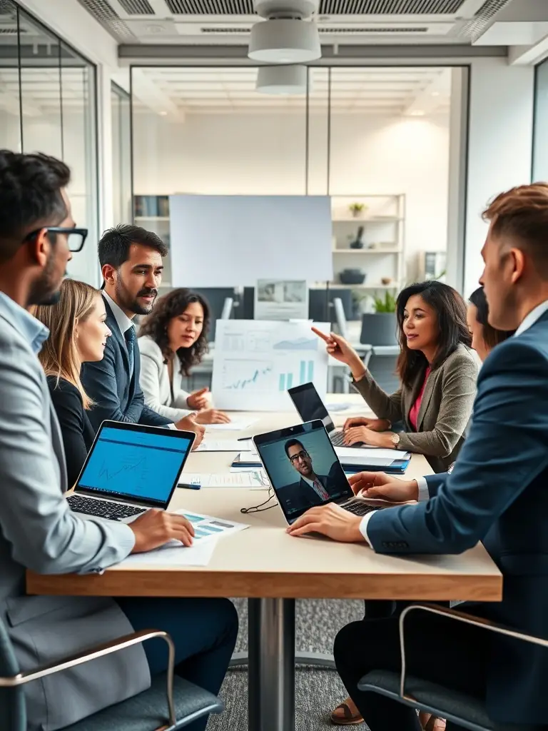 A diverse group of young professionals discussing investment strategies around a table, emphasizing the collaborative nature of learning about index funds.