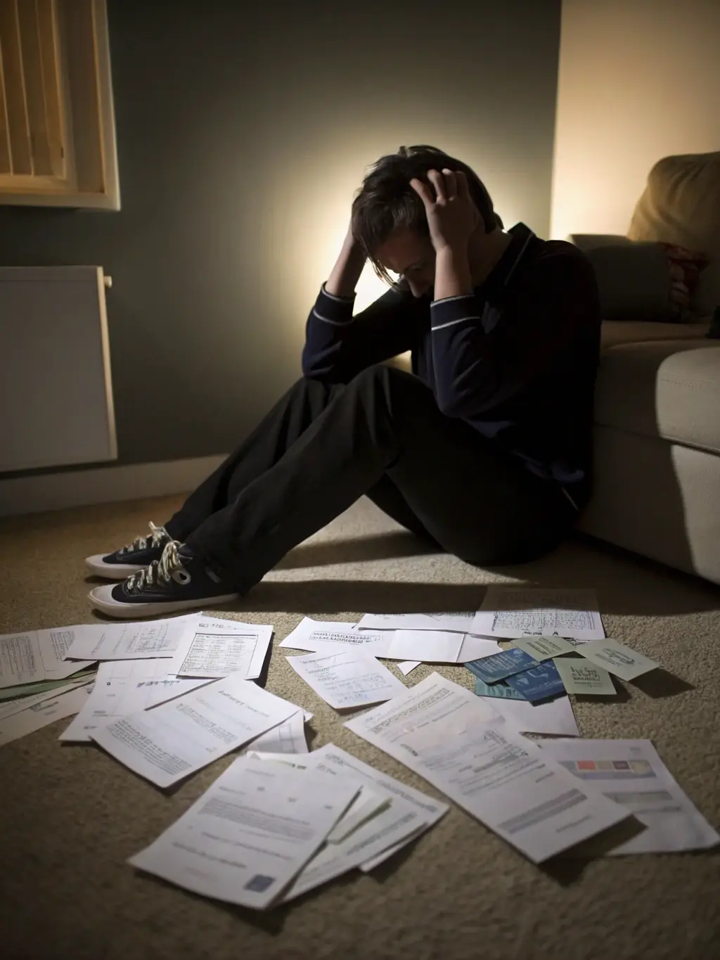 A young professional looking stressed while surrounded by credit card bills and loan statements, sitting at a desk in a dimly lit room. The image should highlight the challenges of debt management.