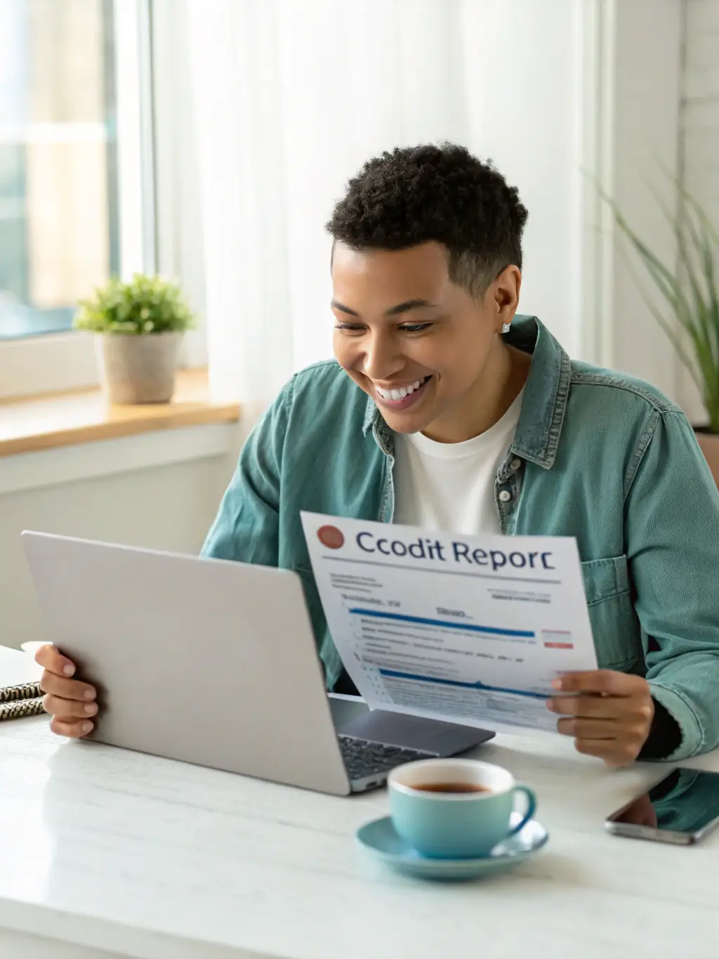 A millennial reviewing their credit report on a laptop, looking concerned but determined, in a modern, minimalist apartment setting. The scene should convey the importance of understanding credit scores.