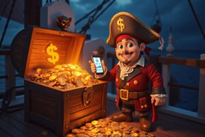 Pirate with a smart phone and treasure chest of glowing coins, symbolizing automated money-saving hacks.