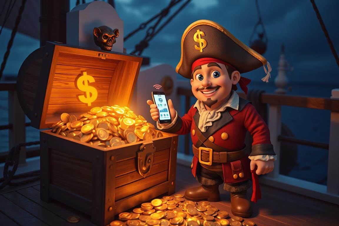 Pirate with a smart phone and treasure chest of glowing coins, symbolizing automated money-saving hacks.