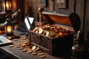 Treasure chest filled with AI-themed coins surrounded by laptop, smartphone, and microphone symbolizing AI-powered side hustles.