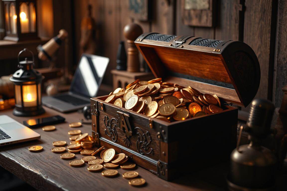 Treasure chest filled with AI-themed coins surrounded by laptop, smartphone, and microphone symbolizing AI-powered side hustles.