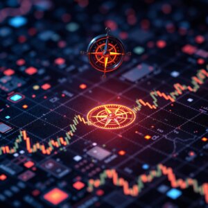 Futuristic digital stock market chart with AI-powered overlays and data streams, symbolizing AI stock screener testing.