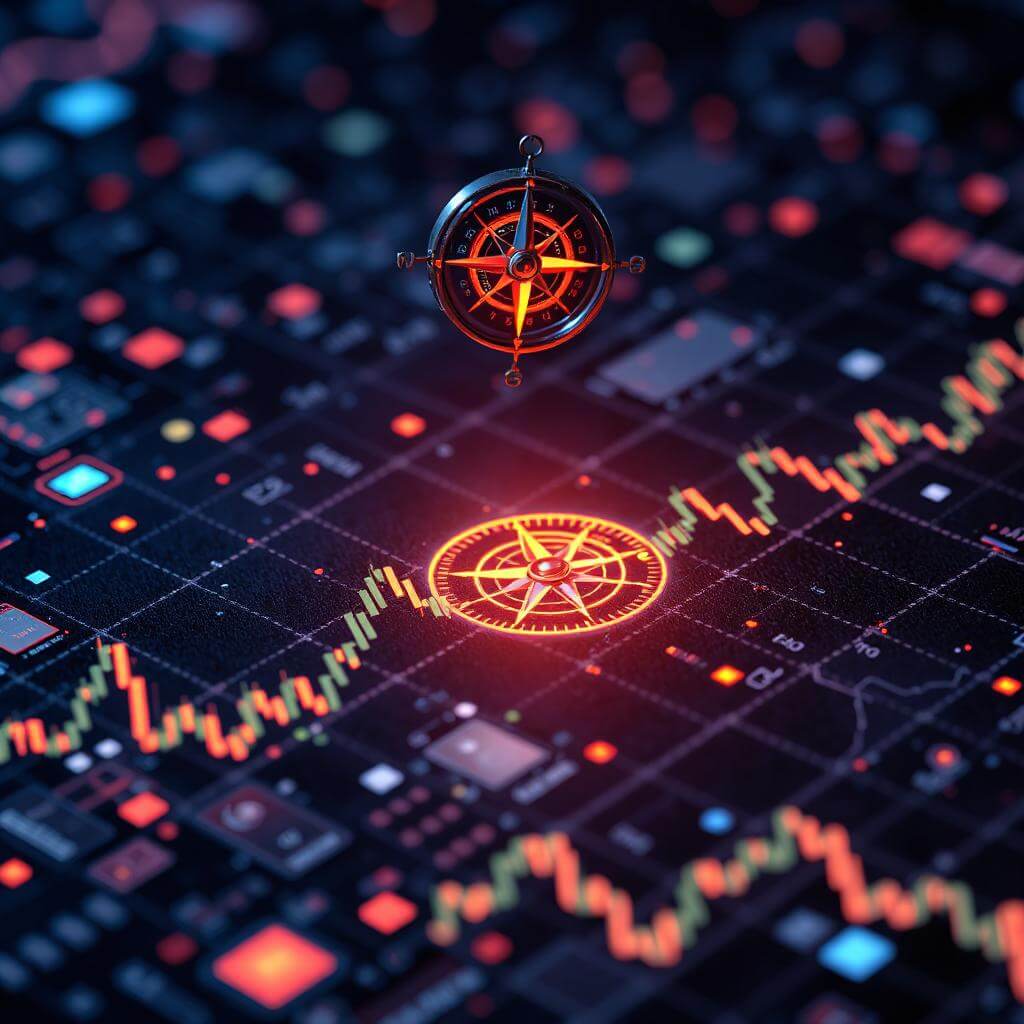 Futuristic digital stock market chart with AI-powered overlays and data streams, symbolizing AI stock screener testing.