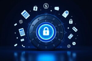Futuristic vault with finance and security icons symbolizing safe AI money management.