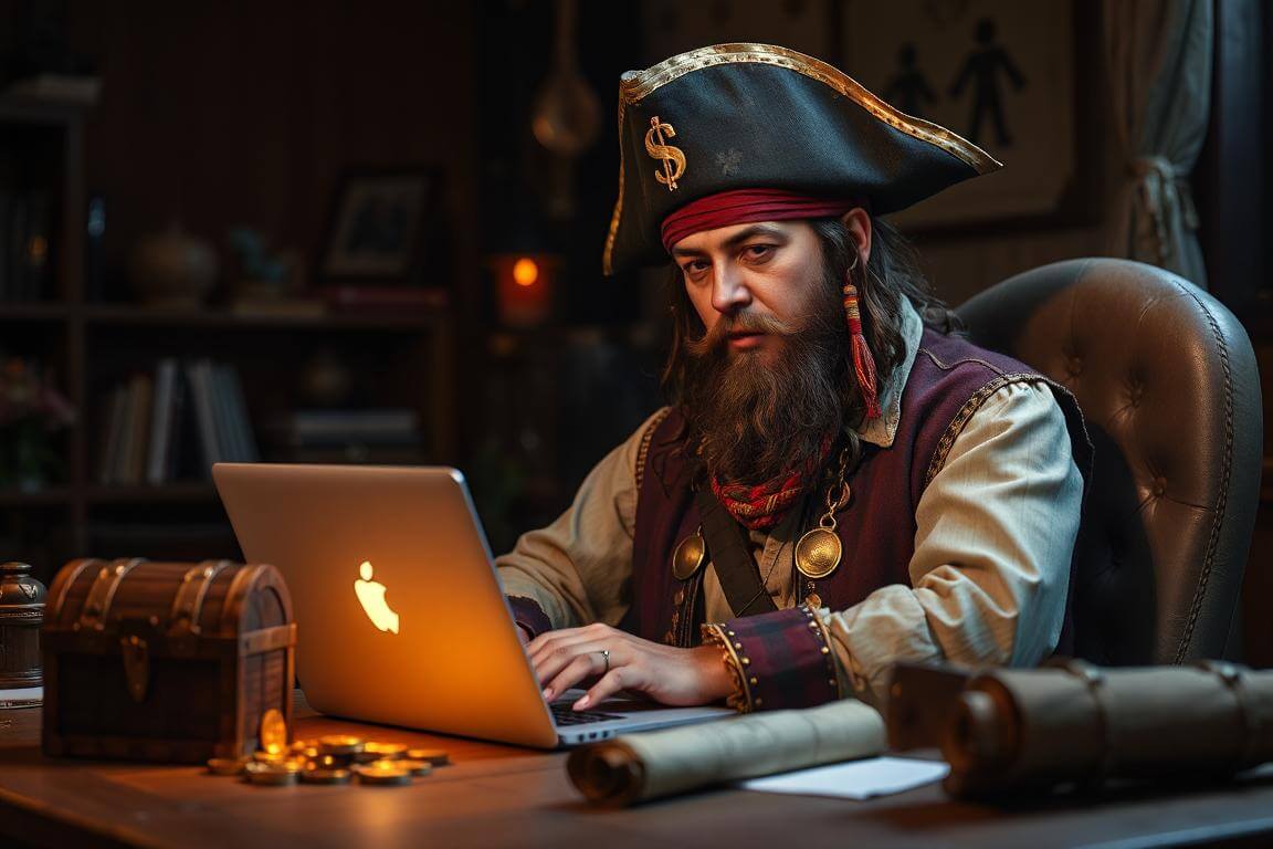 A modern pirate captain at a wooden desk, using a glowing laptop surrounded by treasure chests, and gold coins,