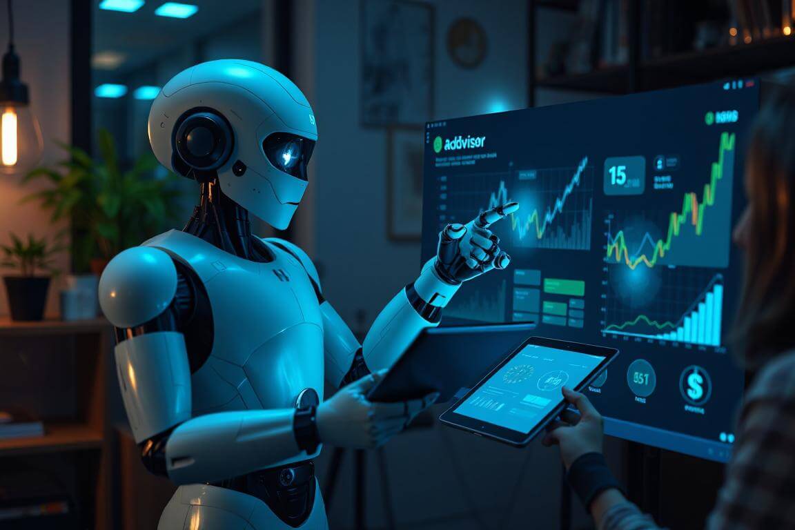 AI-powered robo-advisor robot guiding a beginner investor with digital charts and graphs