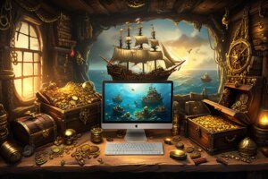 Pirate-themed AI prompts for personal finance and money management displayed on a laptop with treasure-themed elements.