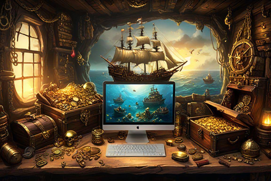 Pirate-themed AI prompts for personal finance and money management displayed on a laptop with treasure-themed elements.