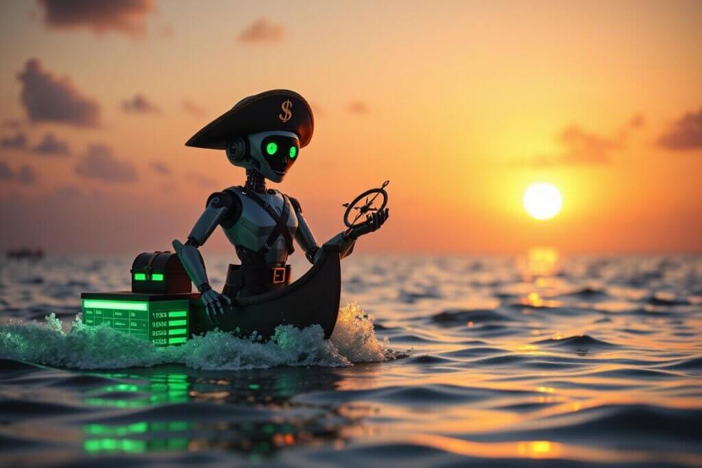 An AI accountant guiding a digital ship through calm seas symbolizing an AI cash flow model in Google Sheets.