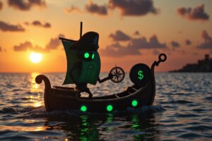 AI cash flow model in Google Sheets symbolized by a pirate-themed illustration showing an AI accountant guiding a digital ship through financial data seas.