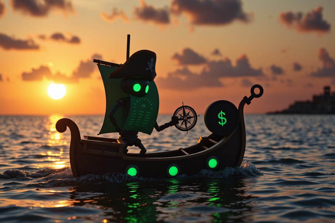 AI cash flow model in Google Sheets symbolized by a pirate-themed illustration showing an AI accountant guiding a digital ship through financial data seas.