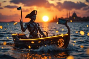AI robot pirate captain steering a gold coin ship for a 30-day money challenge.