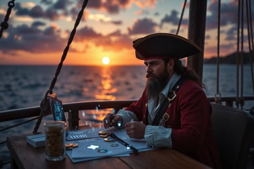 Pirate-themed digital workspace illustrating the best AI tools for freelancers managing productivity and income with futuristic technology.