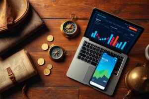 Monarch Money app dashboard with budgeting charts and financial planning tools on a rustic desk