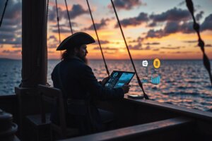 Pirate captain using AI tools to manage freelance invoices and taxes in 2025