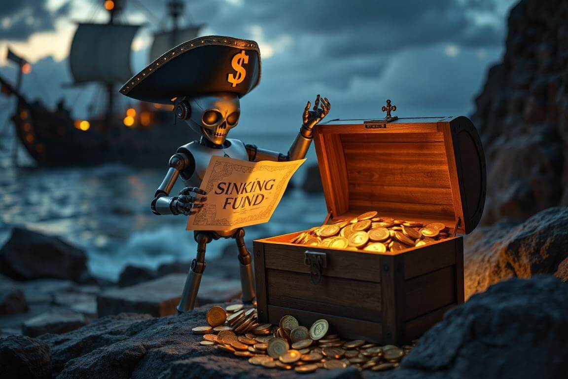 Treasure chest (A Sinking Fund) filled with gold coins, guided by an AI robot captain with a map.