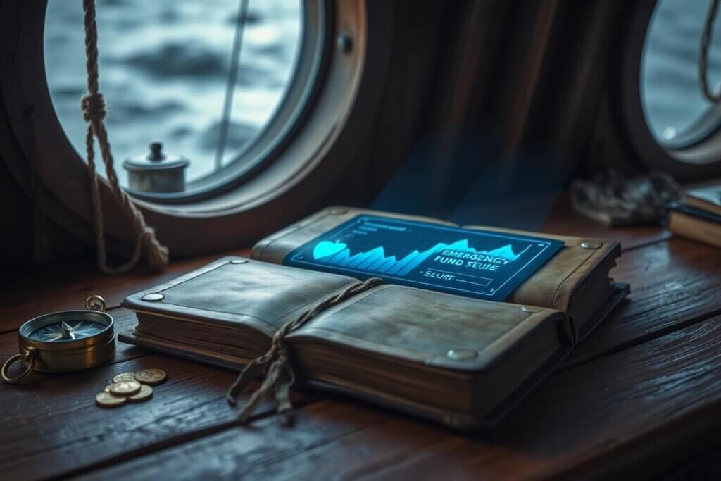 An antique leather ledger on a ship's desk projecting a holographic financial chart.