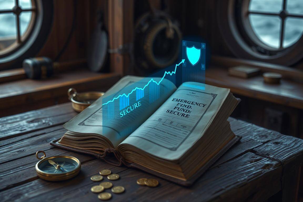 An antique leather ledger on a ship's desk projecting a futuristic blue holographic financial chart and shield icon.