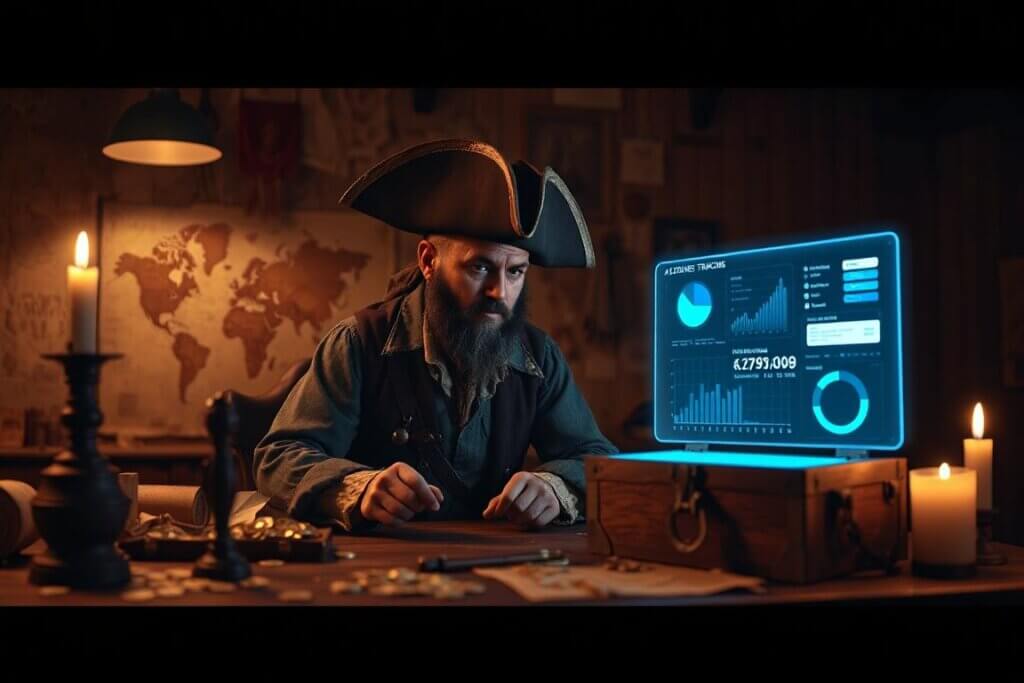 A pirate using a futuristic AI expense tracking holograph on a desk covered in treasure.