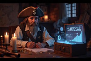 A pirate captain using a futuristic AI expense tracking holographic interface on a desk covered in treasure.