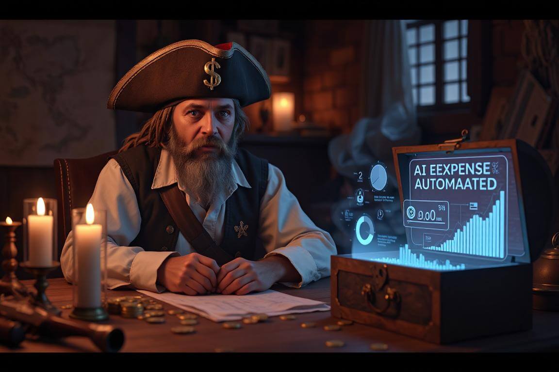 A pirate captain using a futuristic AI expense tracking holographic interface on a desk covered in treasure.