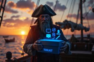 A pirate captain holding a glowing futuristic AI toolkit for small business owners with holographic icons.