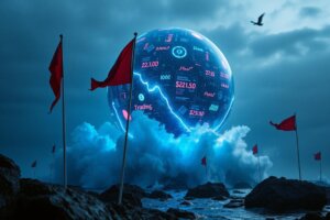 AI trading engine in cyberpunk storm with market crash waves and red warning flags.