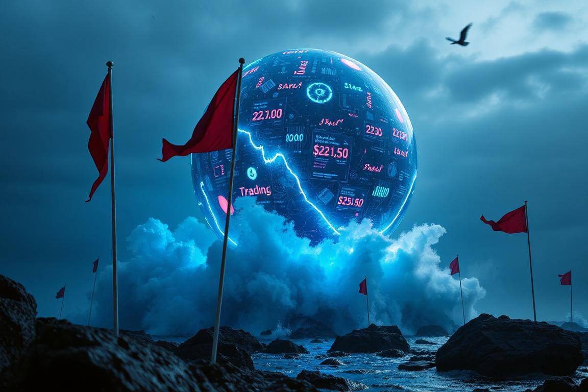 AI trading engine in cyberpunk storm with market crash waves and red warning flags.