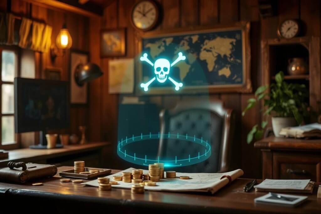 Illustration of a pirate-themed hologram acting as a ChatGPT money coach with coins, charts, and glowing holograms.