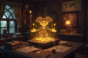 Illustration of a pirate-themed AI assistant acting as a ChatGPT money coach with coins, charts, and glowing holograms.