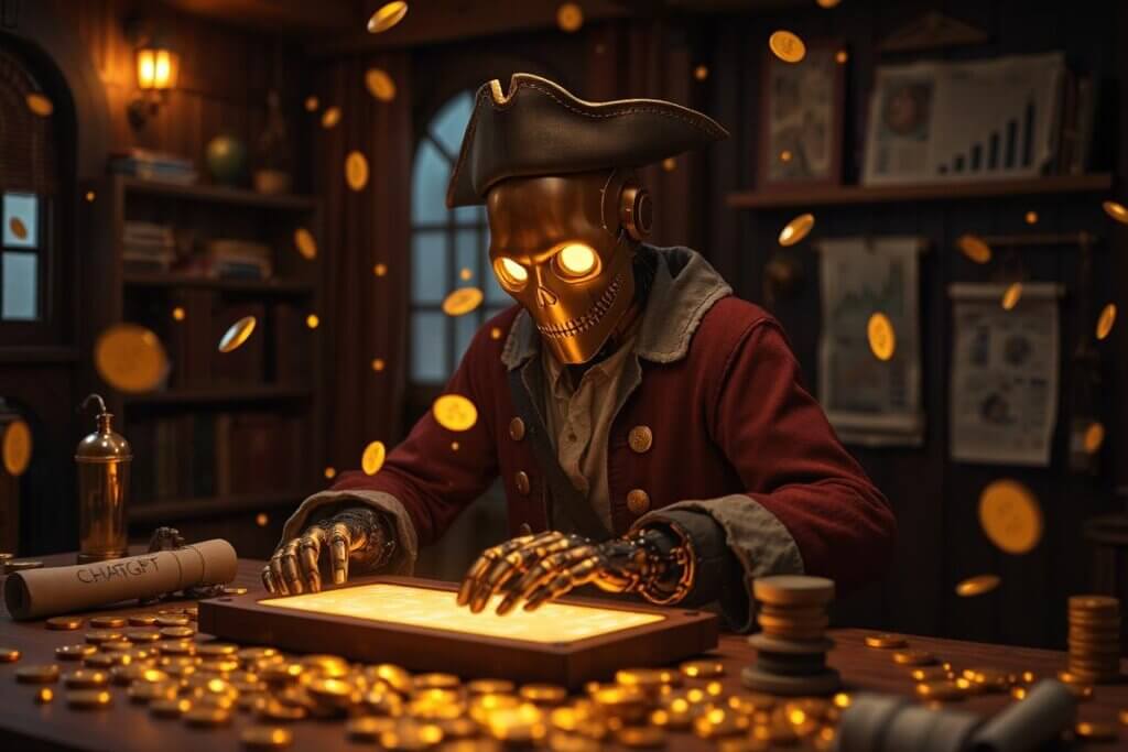 AI pirate creating finance prompts for AI in a futuristic captain’s cabin.