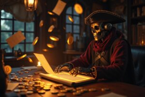AI pirate creating finance prompts for ChatGPT in a futuristic captain’s cabin