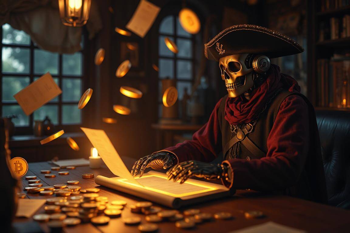 AI pirate creating finance prompts for ChatGPT in a futuristic captain’s cabin