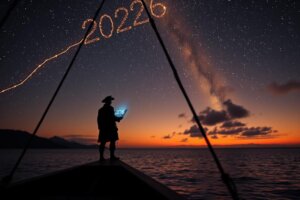 A pirate captain overlooking a hologram and constellation, symbolizing AI business trends in 2026.