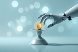 A robotic hand balancing a gold coin on a scale, representing AI financial automation.