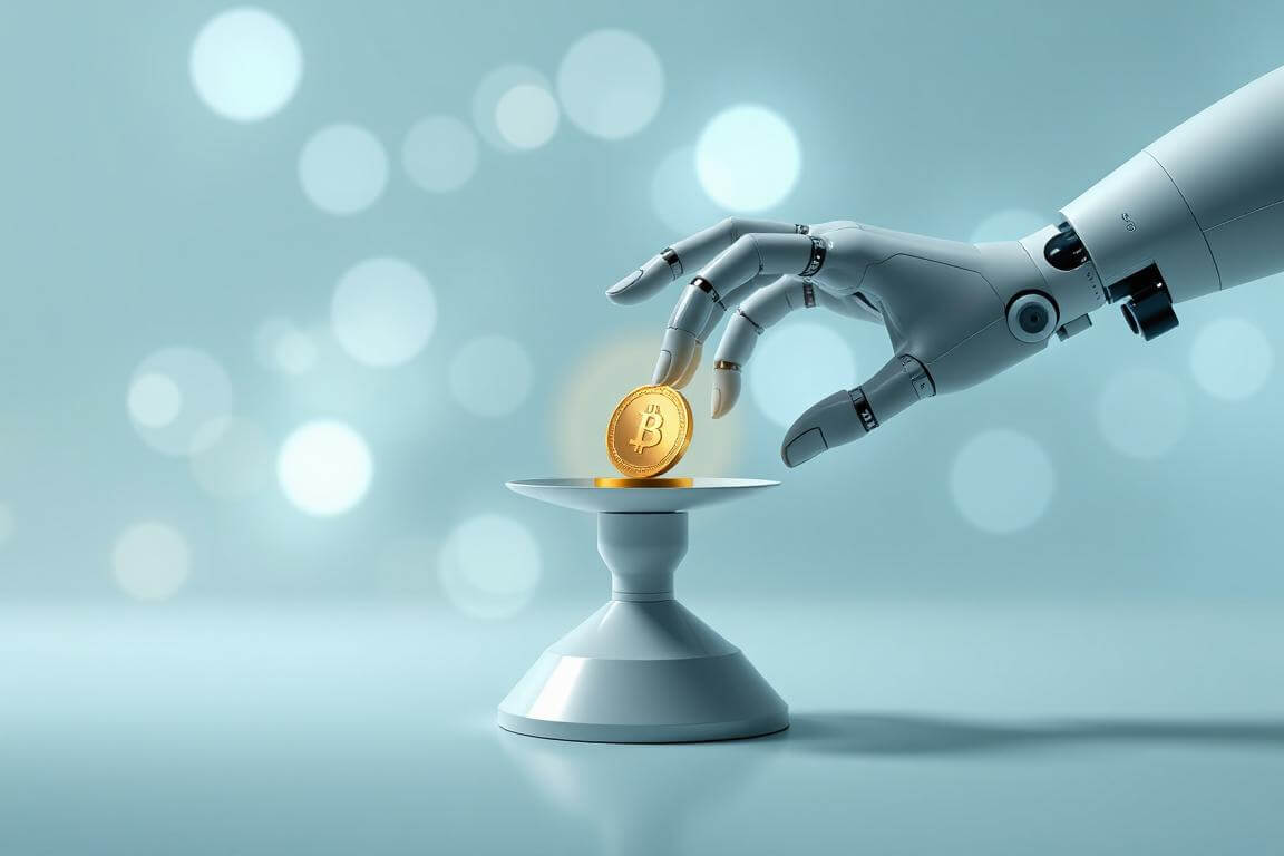 A robotic hand balancing a gold coin on a scale, representing AI financial automation.