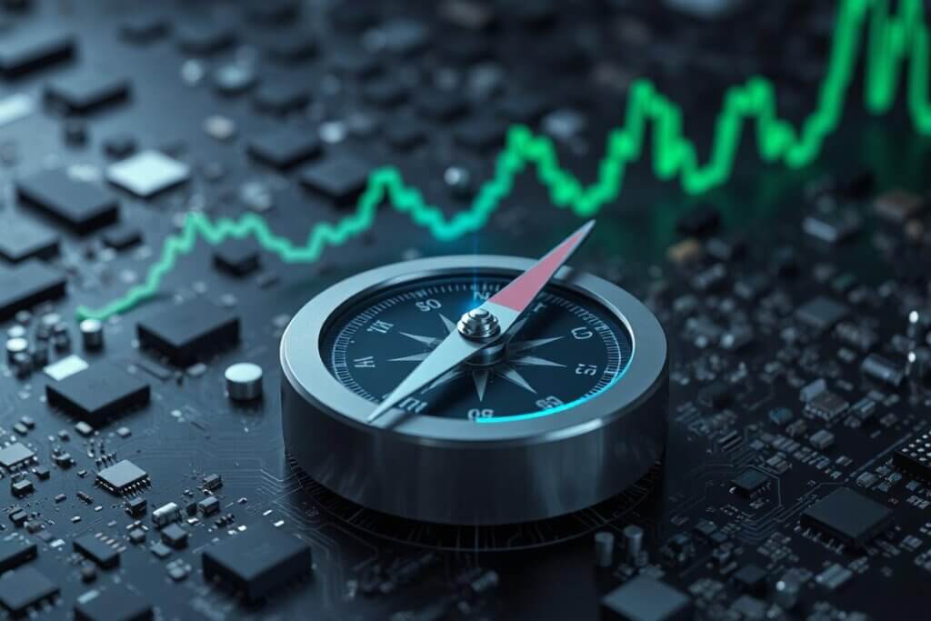 A futuristic digital compass representing AI investment platforms.
