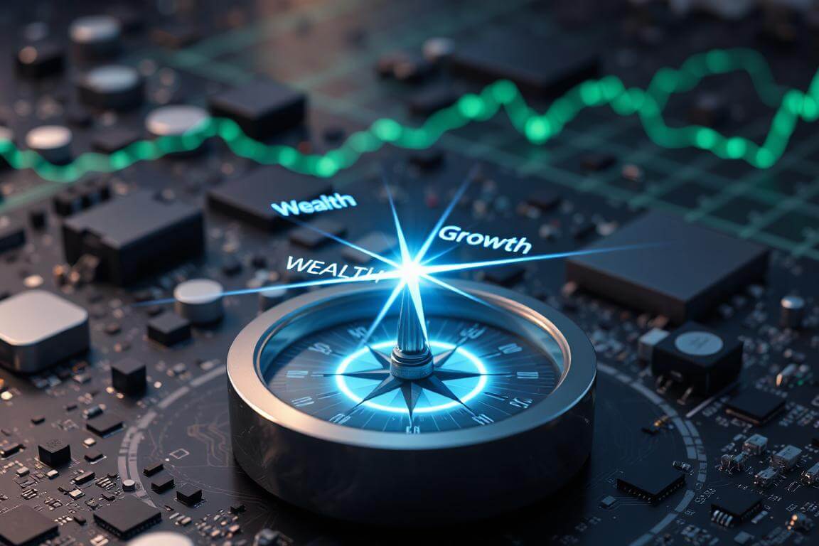 A futuristic digital compass pointing to wealth growth, representing AI investment platforms.