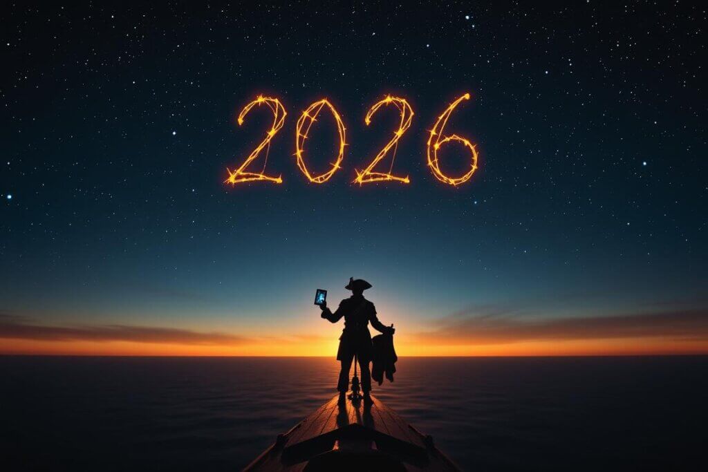 A pirate captain overlooking an AI hologram and constellation.