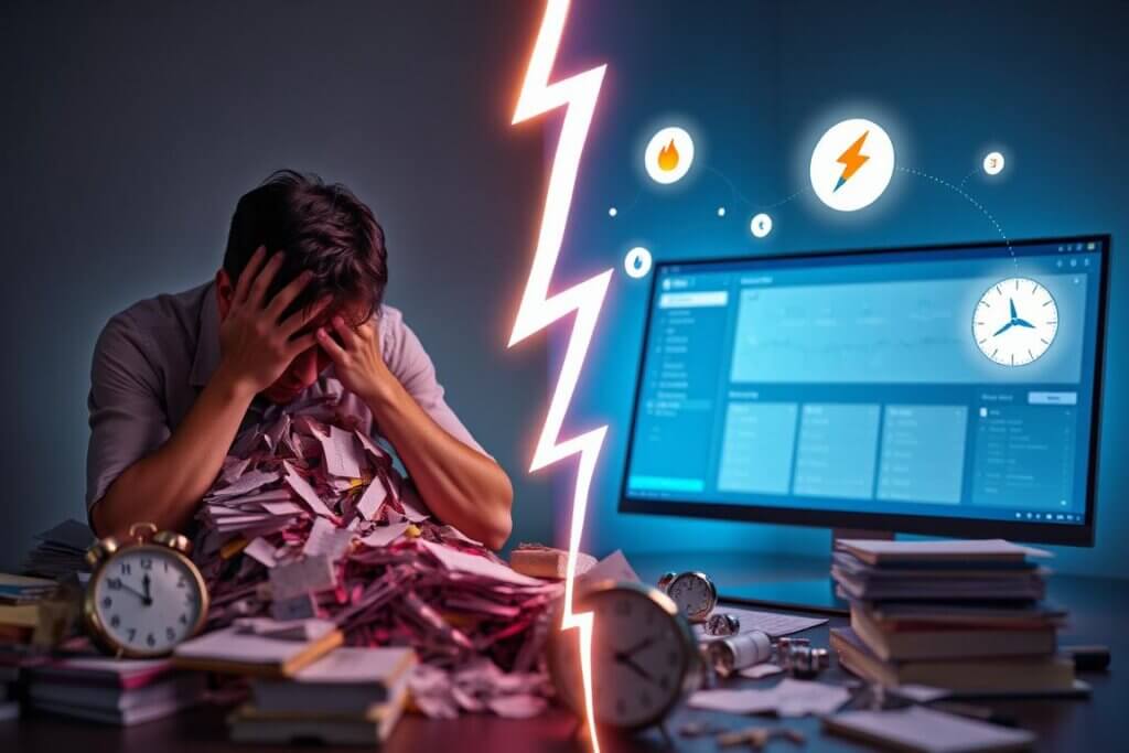 Comparison of a stressed manual worker vs. an automated AI workflow using Motion and Fireflies.