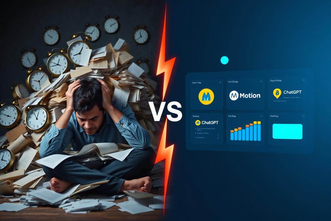 Comparison of a stressed manual worker vs. an automated AI workflow using Motion and Fireflies.