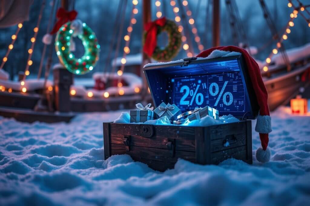 A pirate treasure chest filled with savings and a Santa hat.