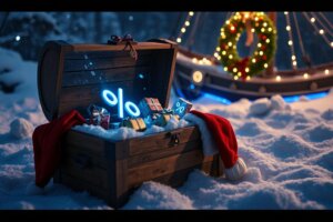 A pirate treasure chest in the snow filled with glowing digital savings and a Santa hat.