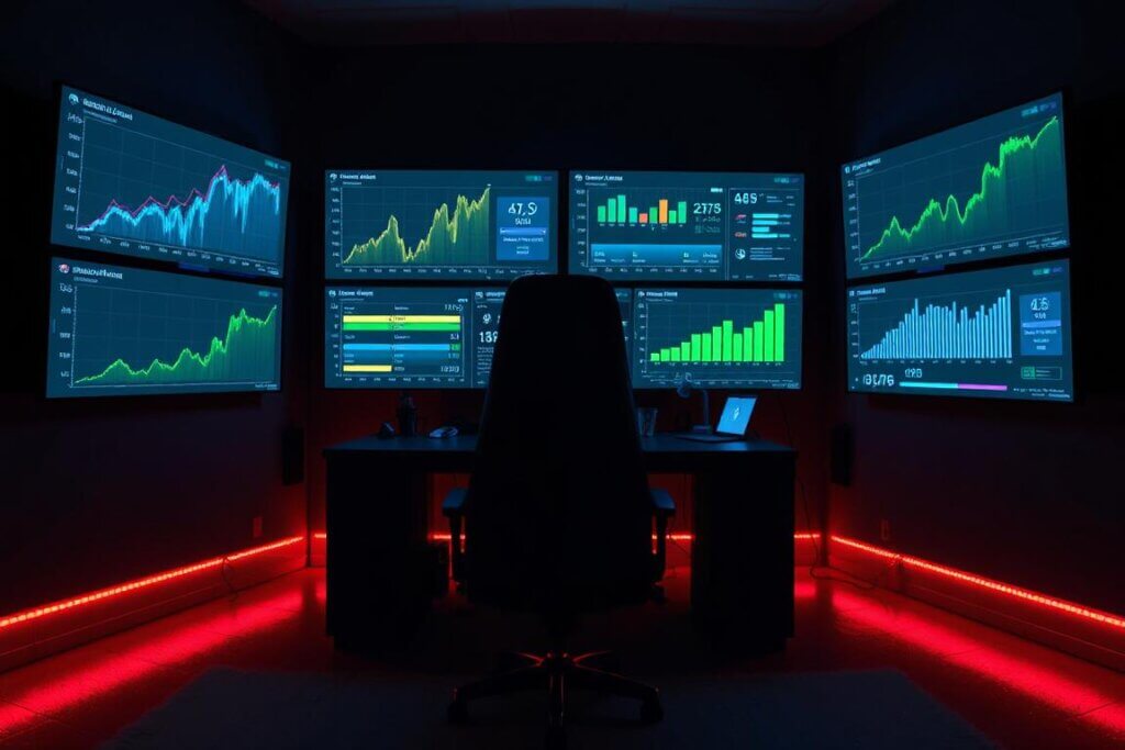 A futuristic control room displaying growing YouTube analytics for an automation channel.