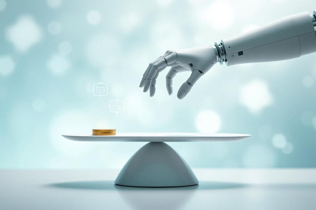 A robotic hand balancing a gold coin on a scale, representing financial automation.
