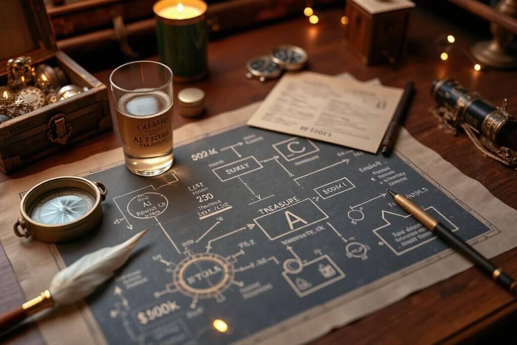 A blueprint on a desk demonstrating how to make money with AI in 2026